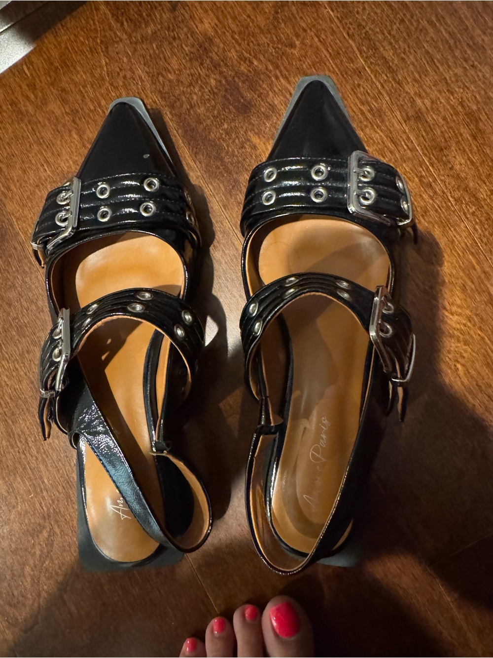 Amazon Black Patent Pointed-Toe Buckle Strap Mules